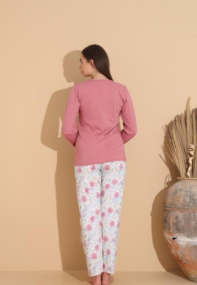 Pijama Dama „Flowers'" ,Pantaloni si Maneca Lunga,Culoare Roz Prafuit,Engros